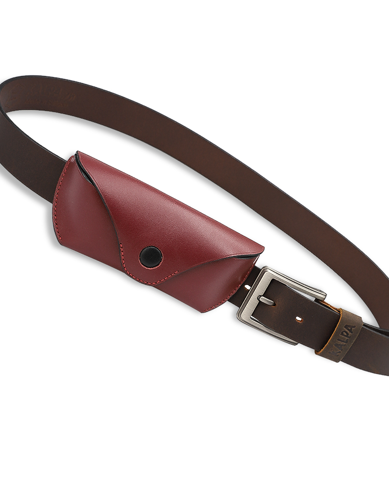 Kalpa Red Bordeaux Leather Glasses Case D003 - Bao đựng mắt kính bằng da bò có đai đeo thắt lưng (Thủ công)
